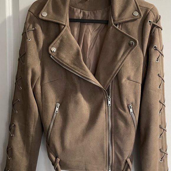 Beige Faux Suede Biker Jacket - Picture 10 of 12